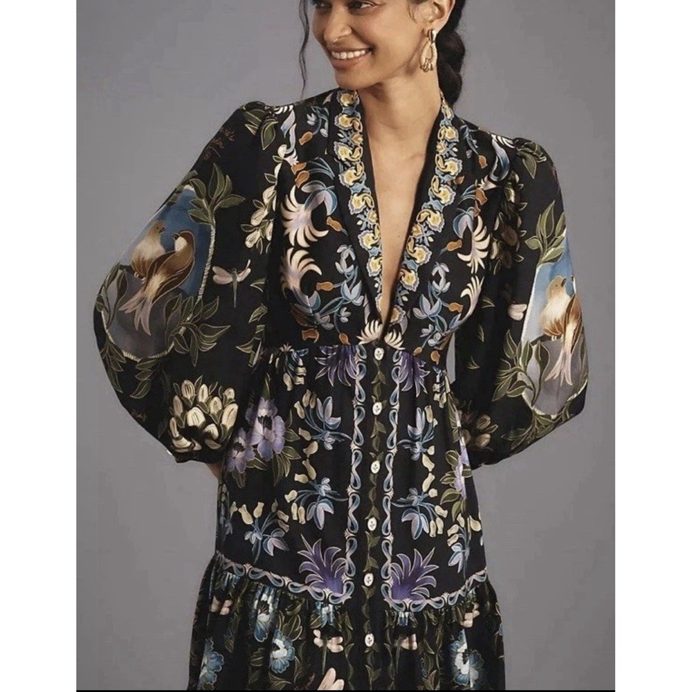 Farm Rio Sz L Black Winter Garden Mini Dress NWT Quiet Luxury